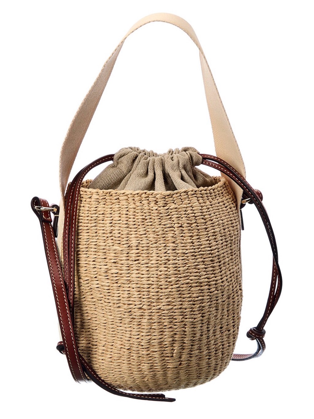 Chloe Tan Woven Bucket Crossbody With Brown Leather Trim